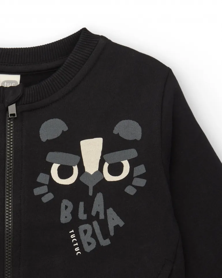 Sweat-shirt en peluche garçon noir avec fermeture éclair et motif tigre collection Cartoon Calling