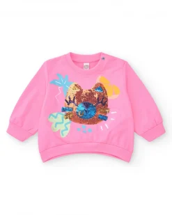 Sweat-shirt en polaire rose pour fille avec col rond et poignets côtelés