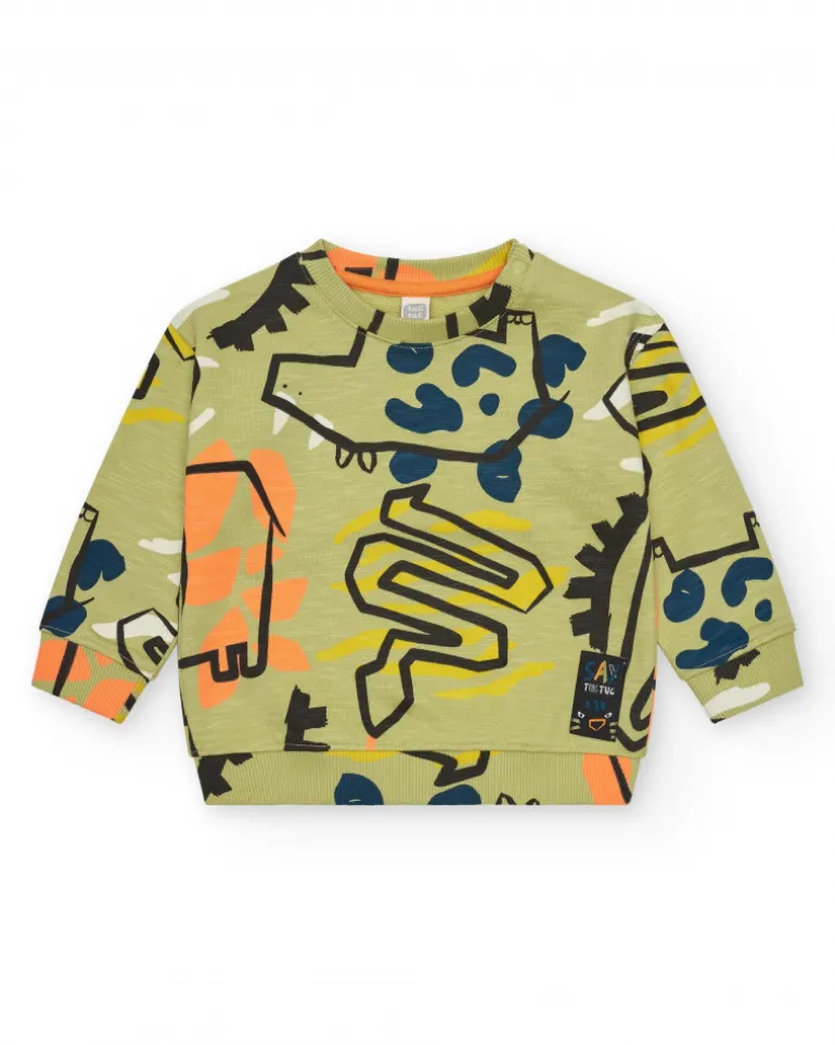 Sweat-shirt kaki pour garçon avec imprimé d’animaux et détails colorés