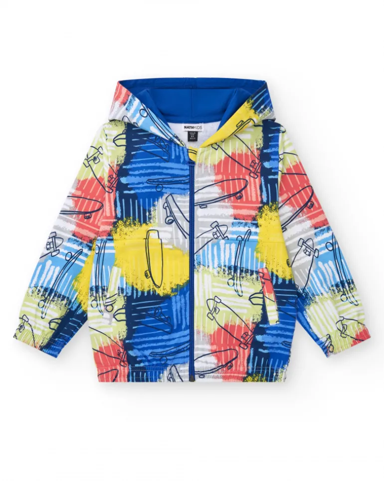 Sweat-shirt pour garçon en bleu avec capuche et fermeture éclair sur le devant.