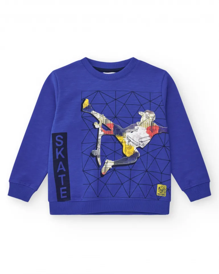 Sweat-shirt pour garçon en bleu avec poignets côtelés et col rond.