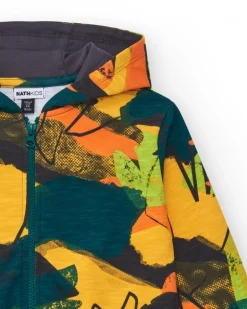Sweatshirt pour garçon en jaune avec capuche et fermeture éclair.