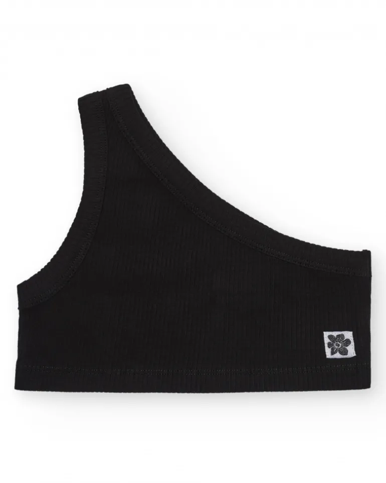 Top asymétrique pour fille en noir avec motif floral.