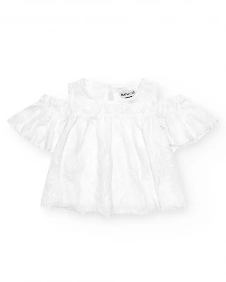 Top pour fille en blanc avec manches larges et épaules dénudées.