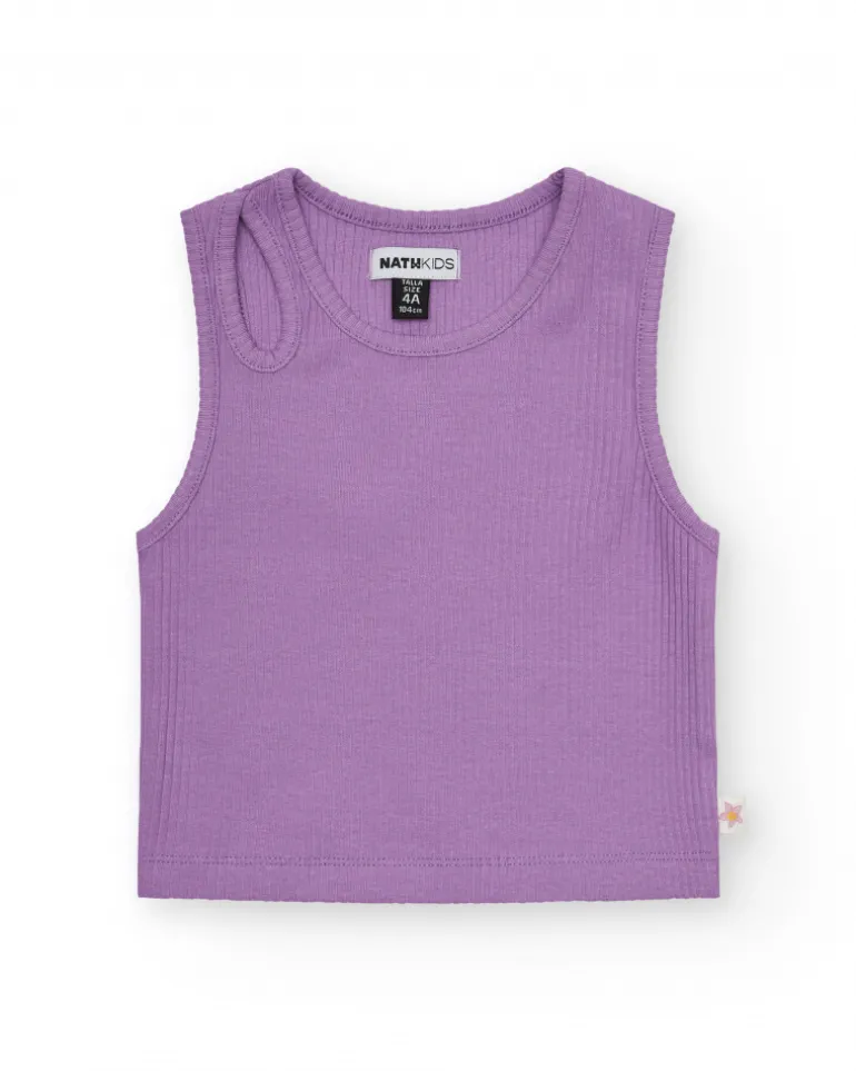 Top pour fille en lilas, sans manches et col rond.