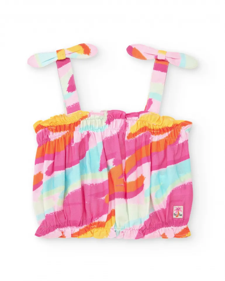 Top rose pour fille avec imprimé multicolore et nœuds aux bretelles