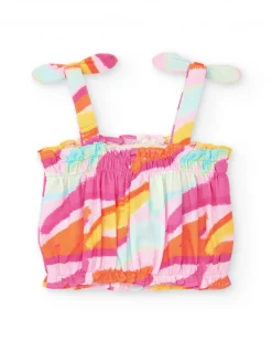 Top rose pour fille avec imprimé multicolore et nœuds aux bretelles