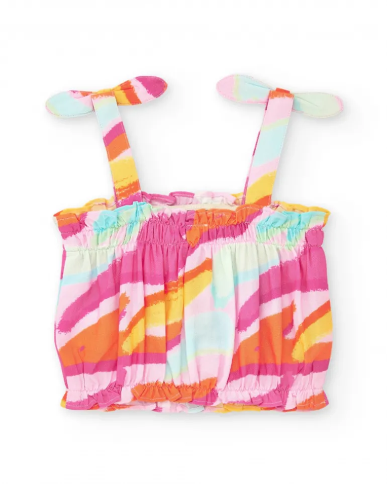 Top rose pour fille avec imprimé multicolore et nœuds aux bretelles