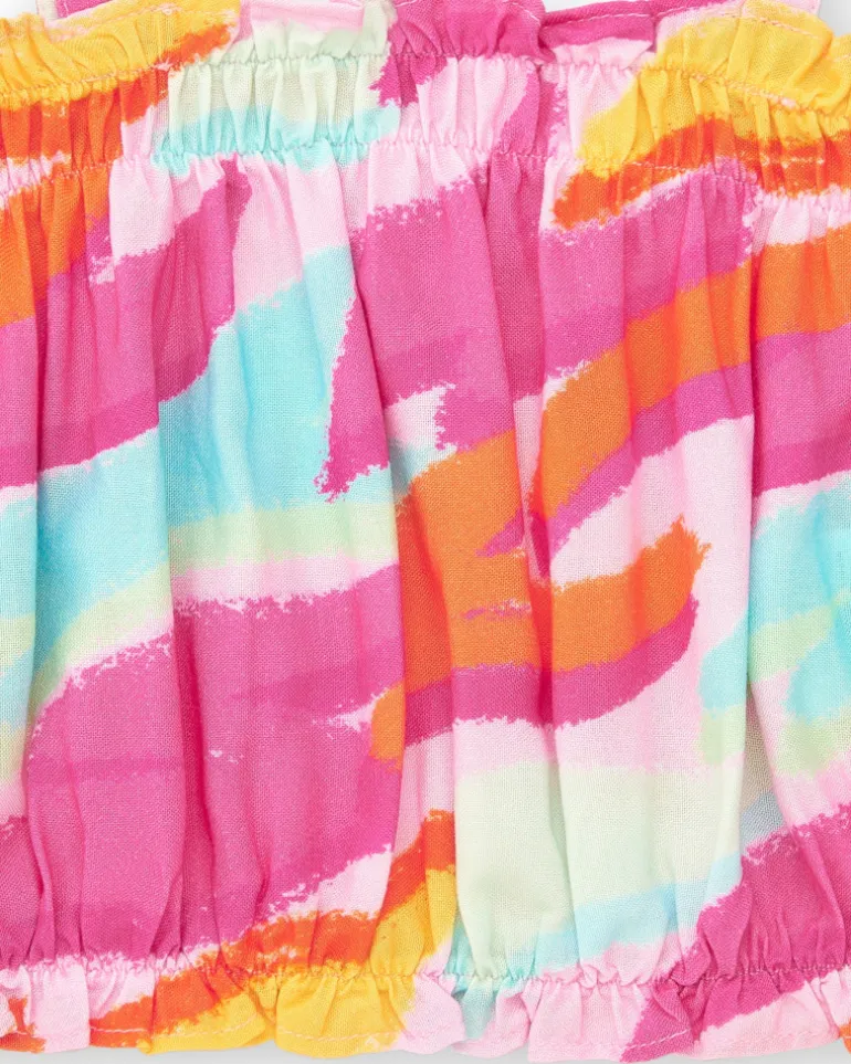 Top rose pour fille avec imprimé multicolore et nœuds aux bretelles
