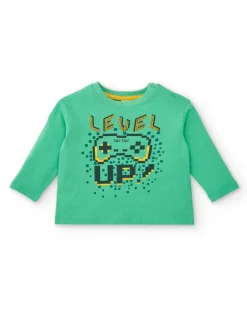 T-shirt à manches longues pour garçon vert avec imprimé "Level Up", collection Cyber Dino