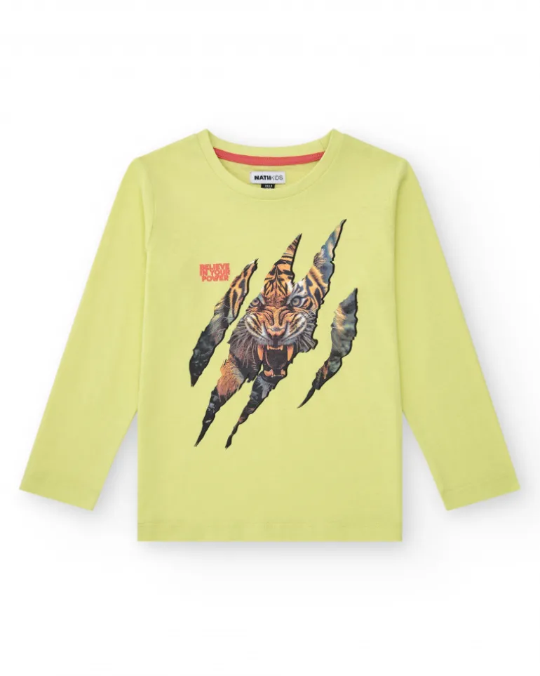 T-shirt à manches longues pour garçon en vert avec imprimé griffe d’animal