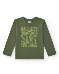 T-shirt à manches longues pour garçon en vert avec texte imprimé.