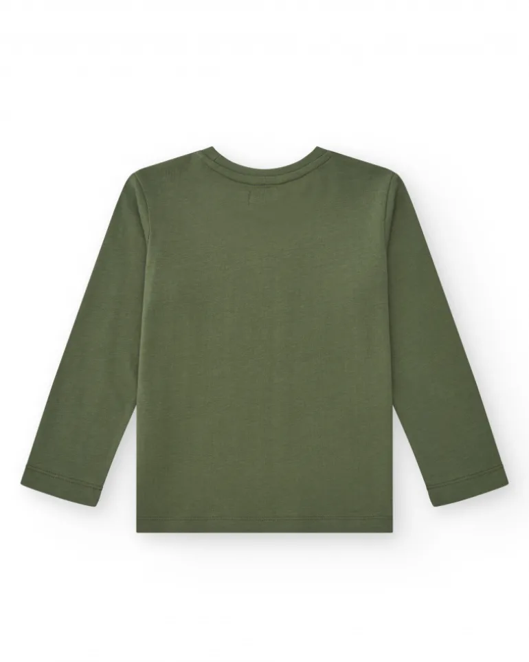 T-shirt à manches longues pour garçon en vert avec texte imprimé.