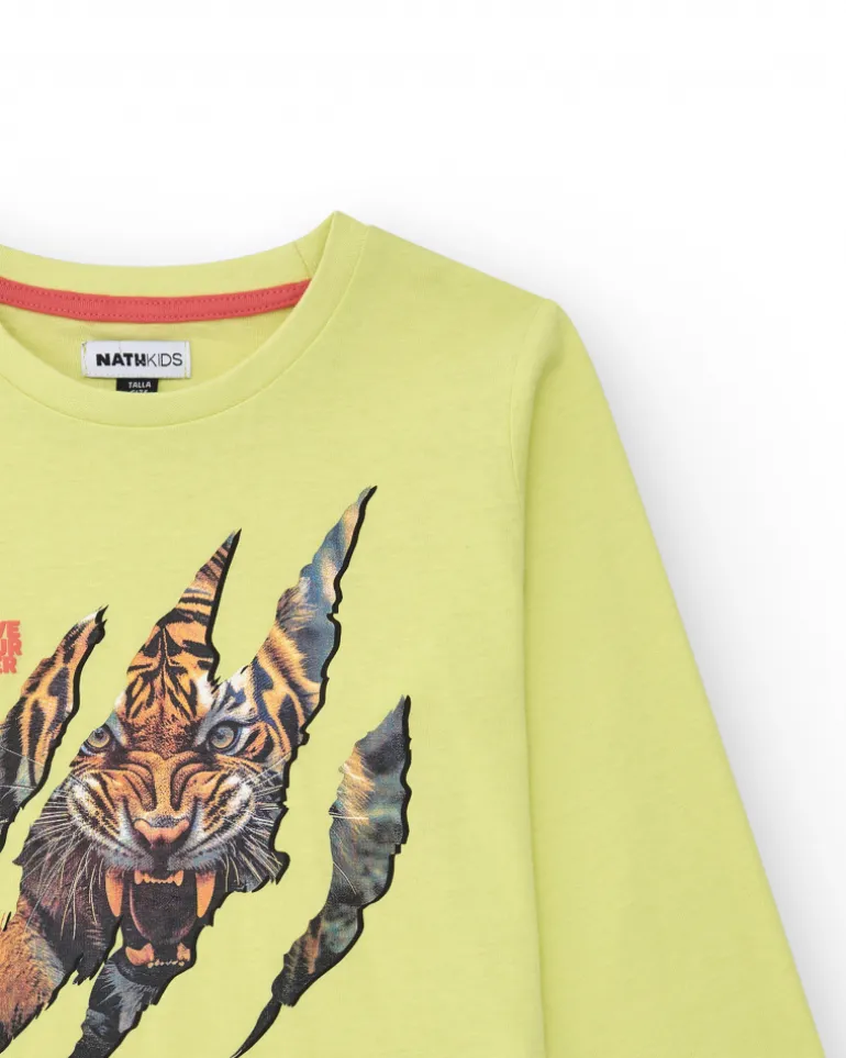 T-shirt à manches longues pour garçon en vert avec imprimé griffe d’animal