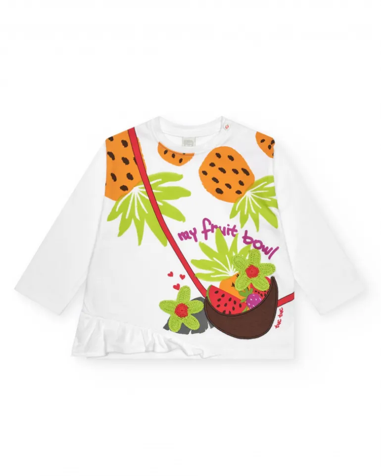 T-shirt blanc à manches longues pour fille avec fruits brodés et volant
