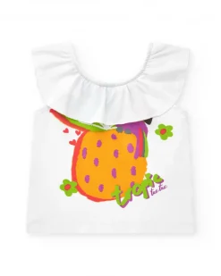 T-shirt blanc pour fille avec volants et imprimé tropical
