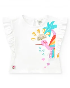 T-shirt blanc pour fille avec colibri tropical et paillettes