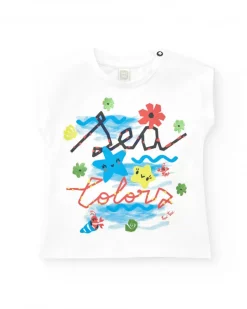 T-shirt blanc pour fille avec imprimé marin et phrase "Sea Colors"