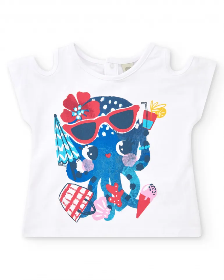 T-shirt blanc pour fille avec imprimé de pieuvre