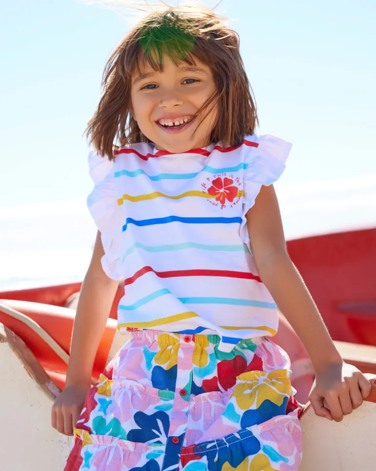 T-shirt blanc pour fille avec rayures multicolores et volants