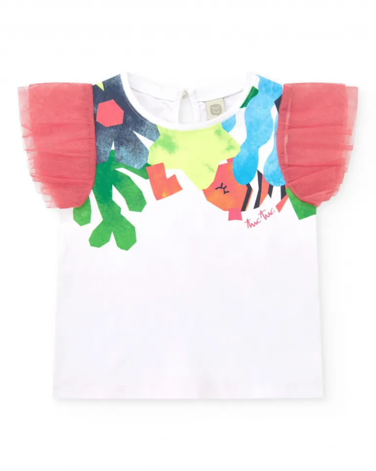 T-shirt blanc pour fille avec manches en tulle rose et fermeture arrière