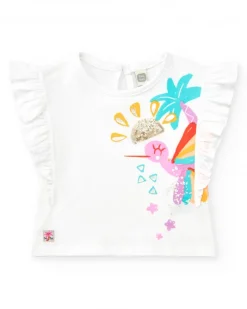 T-shirt blanc pour fille avec colibri tropical et paillettes
