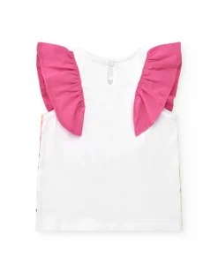 T-shirt blanc pour fille avec volants fuchsia aux épaules