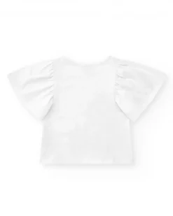 T-shirt blanc pour fille avec manches à volants et imprimé fleuri.
