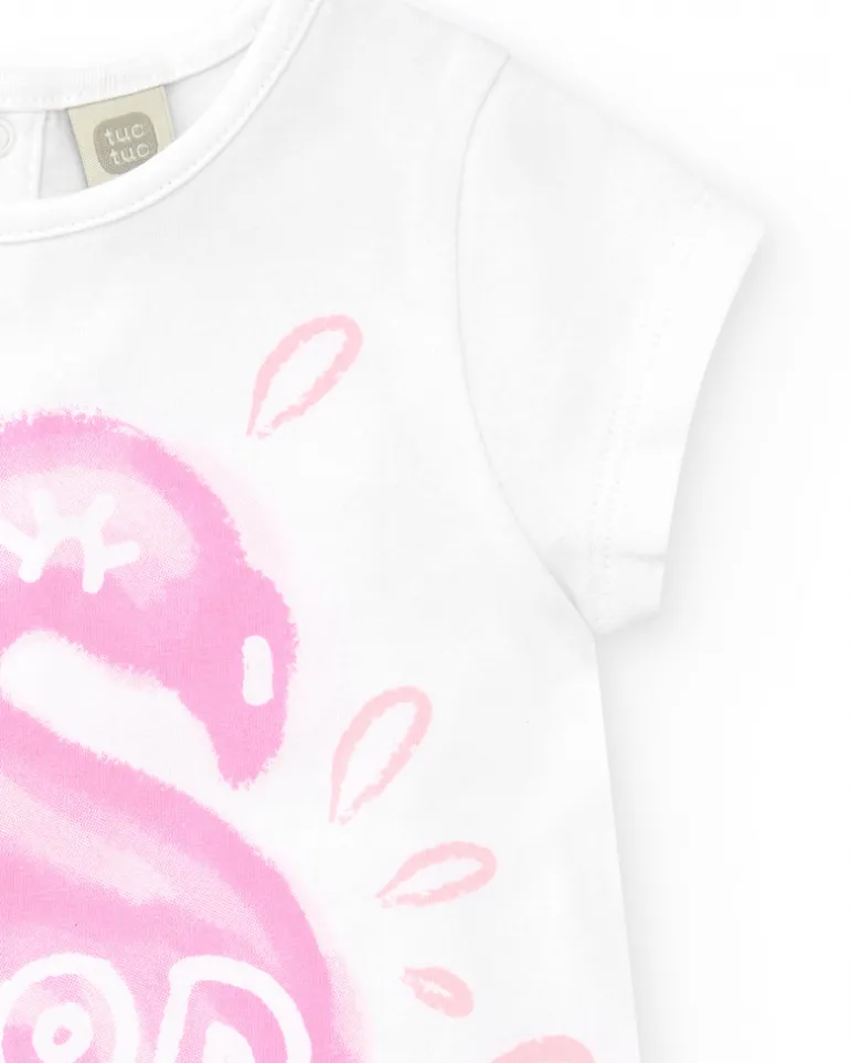 T-shirt blanc pour fille avec flamant rose et fermeture arrière