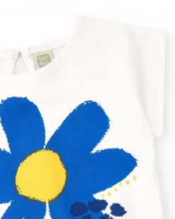 T-shirt blanc pour fille avec fleur bleue et cœurs
