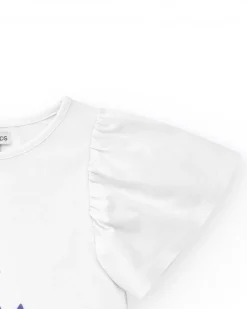 T-shirt blanc pour fille avec manches à volants et imprimé fleuri.