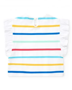 T-shirt blanc pour fille avec rayures multicolores et volants