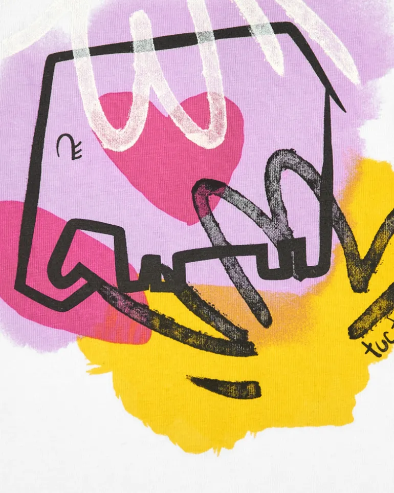 T-shirt blanc pour fille avec éléphant en rose, jaune et noir