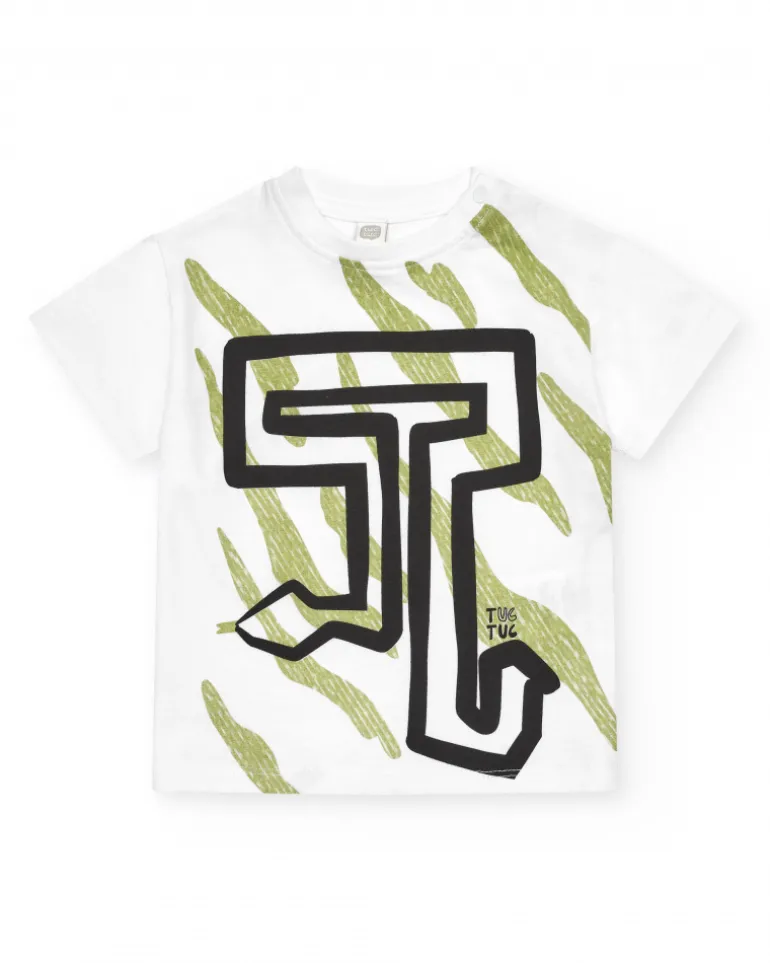 T-shirt blanc pour garçon avec imprimé et lettres en vert et noir