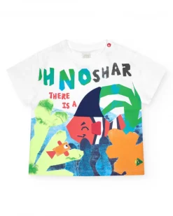 T-shirt blanc pour garçon avec phrase "OH NO SHARK"