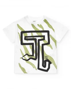 T-shirt blanc pour garçon avec imprimé et lettres en vert et noir