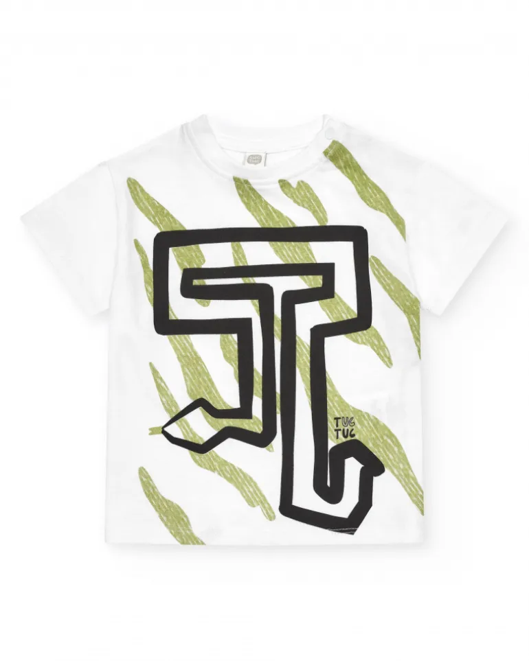 T-shirt blanc pour garçon avec imprimé et lettres en vert et noir
