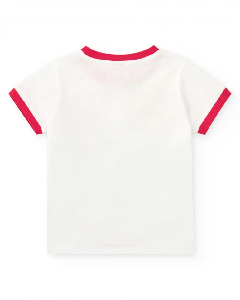 T-shirt blanc pour garçon avec bordures rouges et imprimé de crocodile
