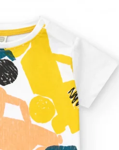 T-shirt blanc pour garçon avec véhicules multicolores et fermeture à l’