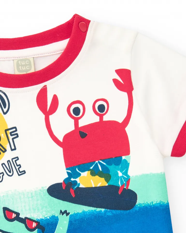 T-shirt blanc pour garçon avec bordures rouges et imprimé de crocodile