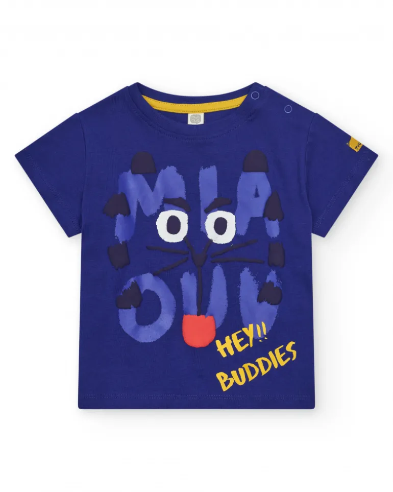 T-shirt bleu pour garçon avec chat et phrase "HEY!! BUDDIES"