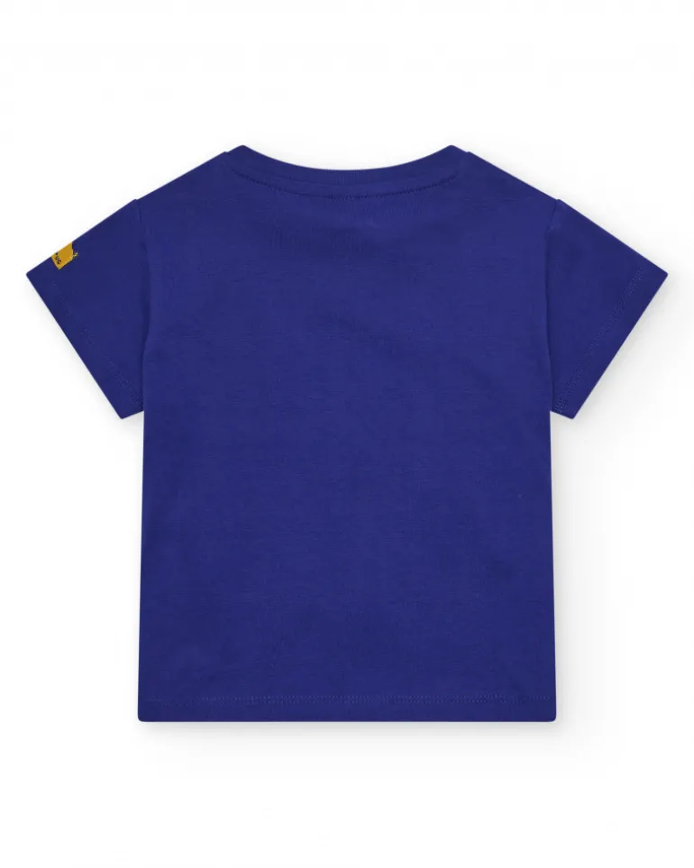 T-shirt bleu pour garçon avec chat et phrase "HEY!! BUDDIES"