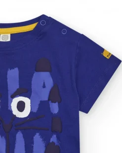 T-shirt bleu pour garçon avec chat et phrase "HEY!! BUDDIES"