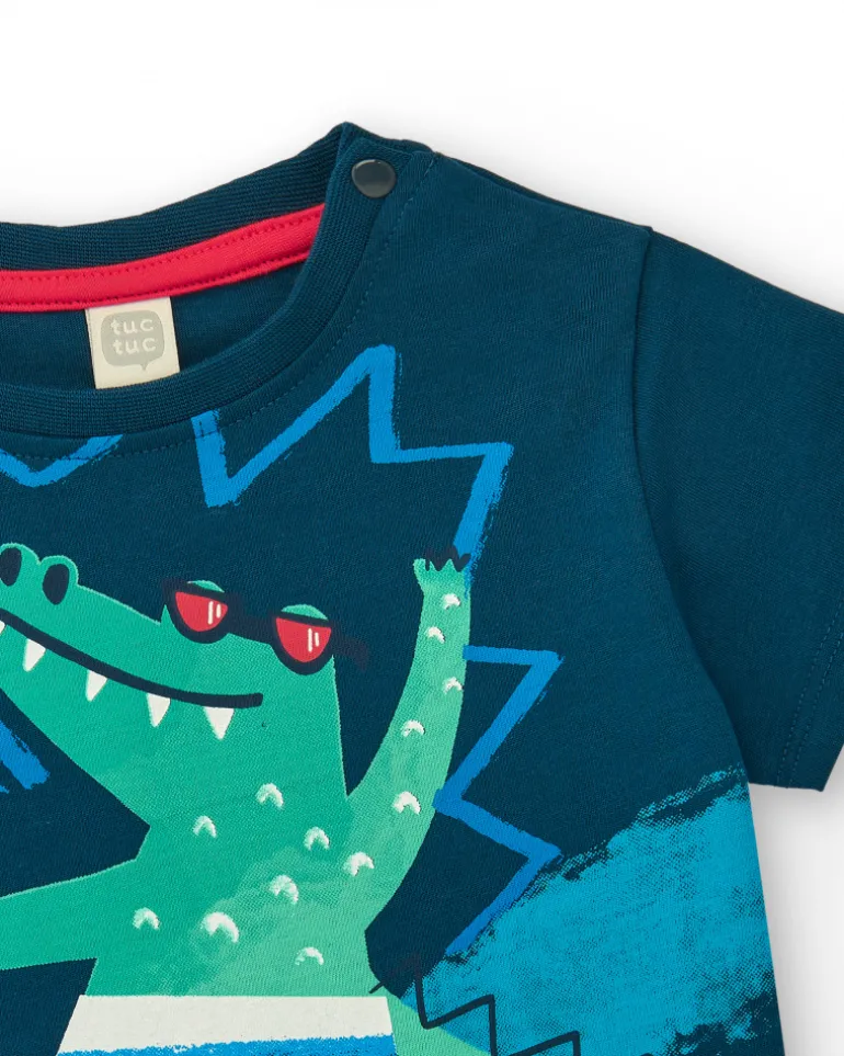T-shirt bleu pour garçon avec crocodile surfeur et fermeture à l’