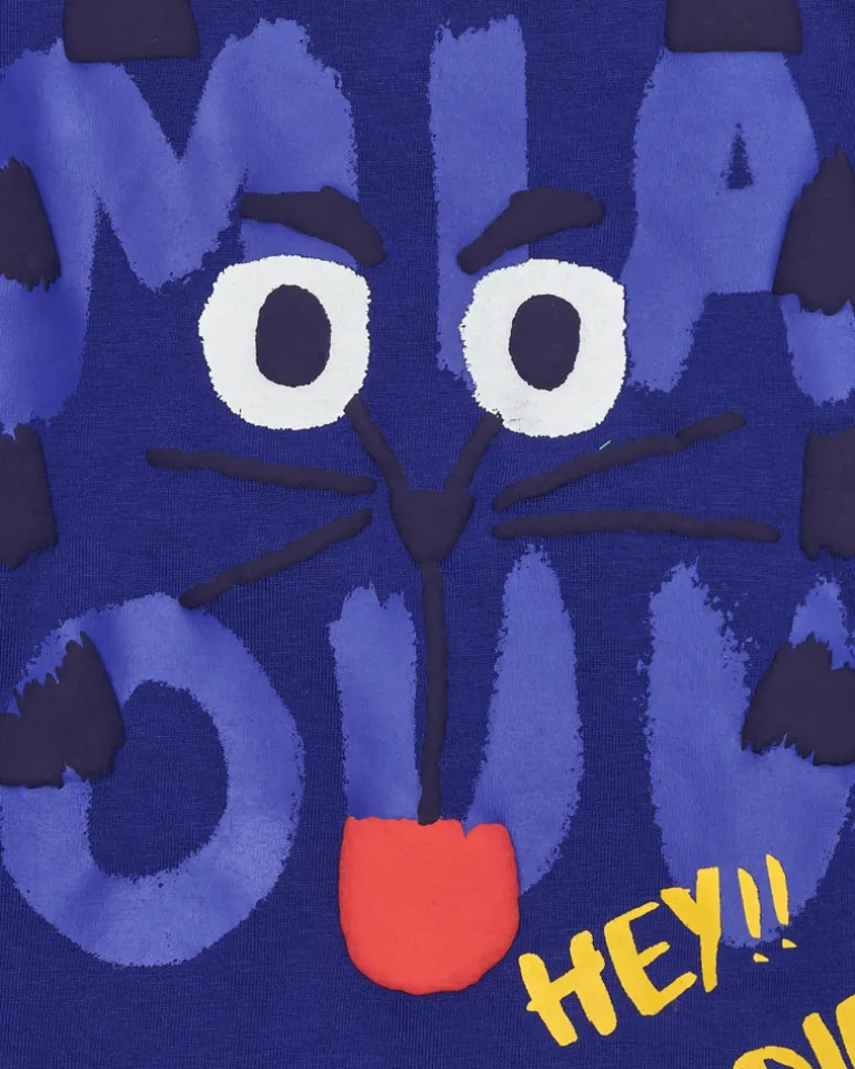 T-shirt bleu pour garçon avec chat et phrase "HEY!! BUDDIES"