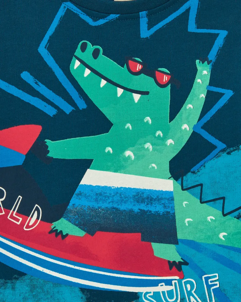 T-shirt bleu pour garçon avec crocodile surfeur et fermeture à l’