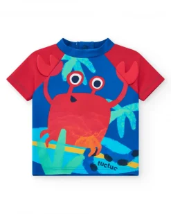 T-shirt de bain bleu pour garçon avec manches rouges et design de crabe