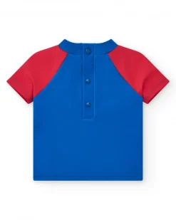 T-shirt de bain bleu pour garçon avec manches rouges et design de crabe