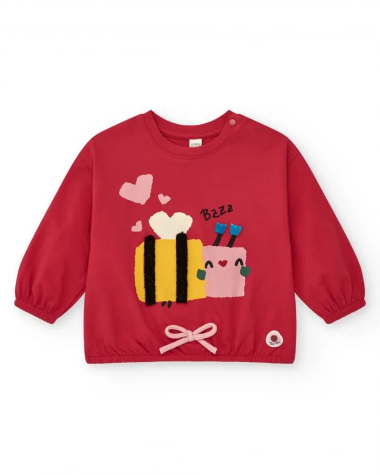 T-shirt en maille pour fille en rouge avec un détail brodé d'abeille Happy Garden