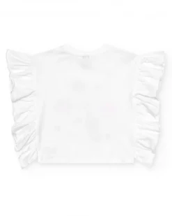 T-shirt en tricot blanc pour fille avec volants et fleur brodée